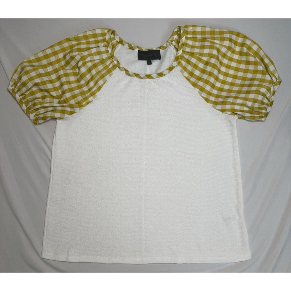 Anthropologie White Top with Mustard Gingham Puff Sleeves